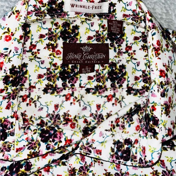 HENRI CHRISTIAN Floral Button Up Shirt Mens XL 15/15.5 34/35 Wrinkle Free EUC - Picture 2 of 3
